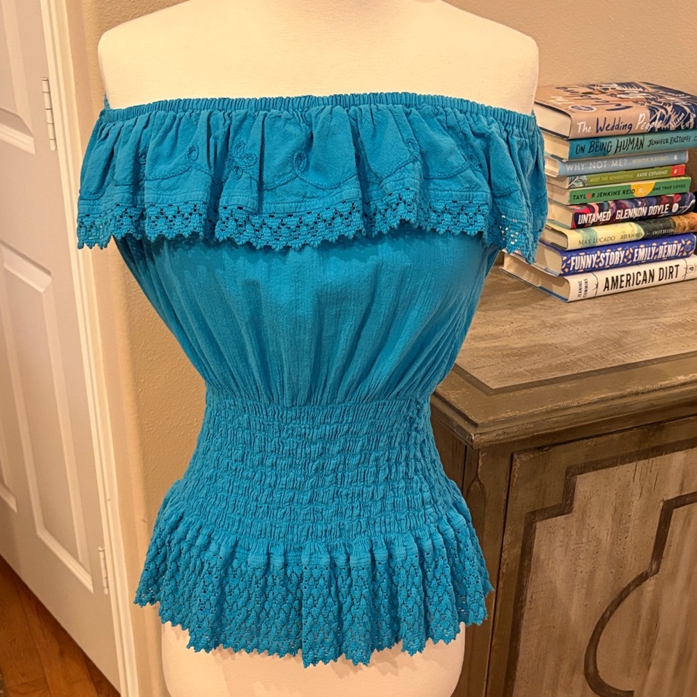 Elegant Teal Off-Shoulder Smocked Blouse